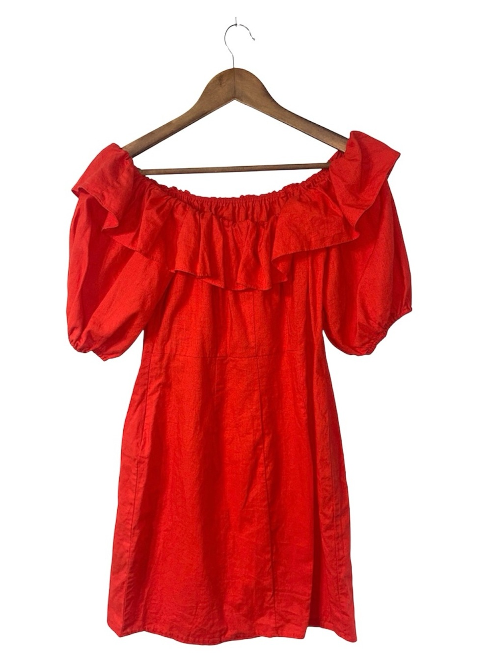 NEW H&M Linen Cotton Blend Red Orange Off Shoulder Mini Dress Summer Size Medium - Picture 2 of 7